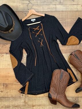 Tasha Polizzi Lace-Up Black Tunic with Brown Trim